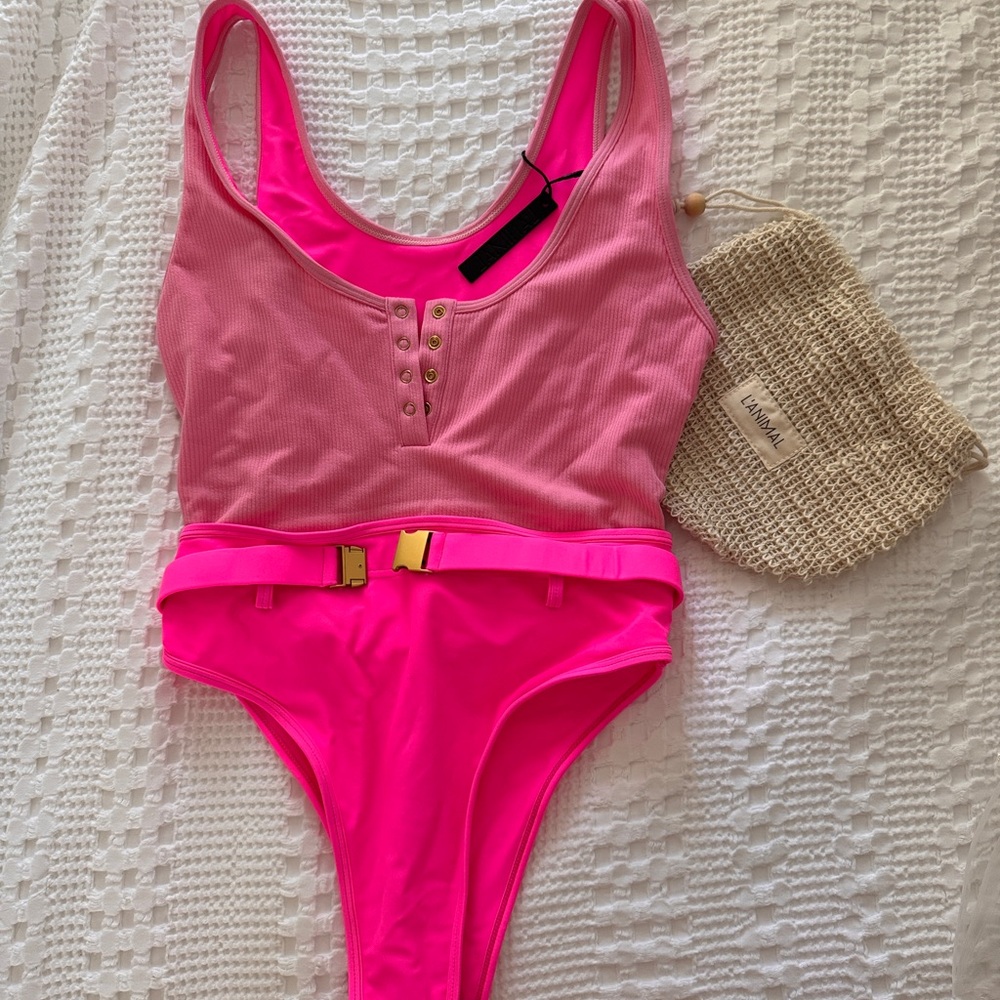 L'Animal Panthere Rose neon pink belted high cut high waist one piece swimsuit - Picture 9 of 15
